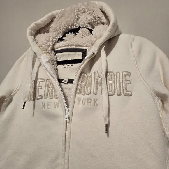 Vtg 90s Y2K Abercrombie Fitch NY AHoodie Womens L Ivory Sherpa Lined Patch Logo